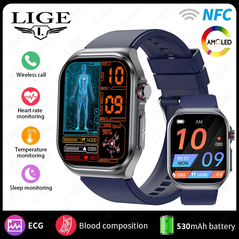 LIGE AMOLED Smart Watch ET585 Men ECG Blood Compositoin Health Monitoring Bluetooth Call Women Sports Fitness Tracker Smartwatch