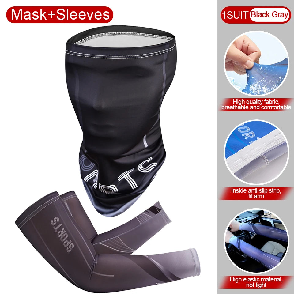 2Pcs Set Summer Ice Silk Cycling Arm Sleeves Breathable Bandana Mask Combination Suit Elastic Cold UV Sun Protection