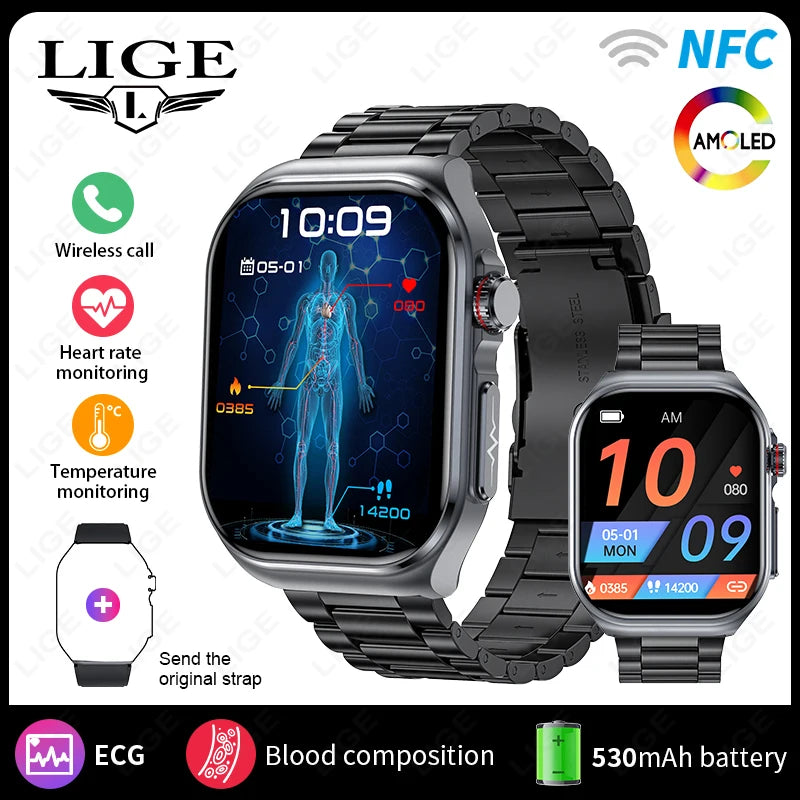 LIGE 2025 New Uric Acid Blood Lipid Body Fat Health Smartwatch Men Heart Rate Blood Pressure Monitor NFC Man Smart Watch ECG+PPG