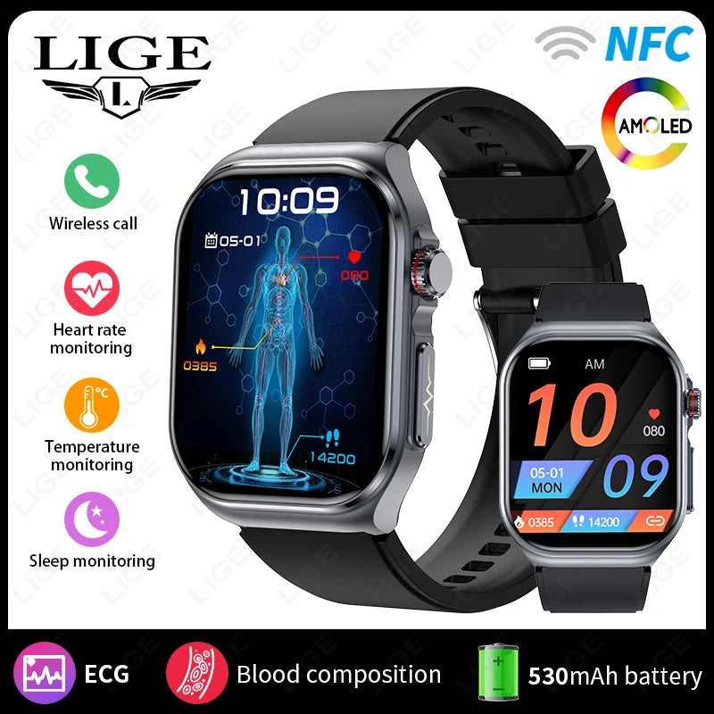 LIGE AMOLED Smart Watch ET585 Men ECG Blood Compositoin Health Monitoring Bluetooth Call Women Sports Fitness Tracker Smartwatch