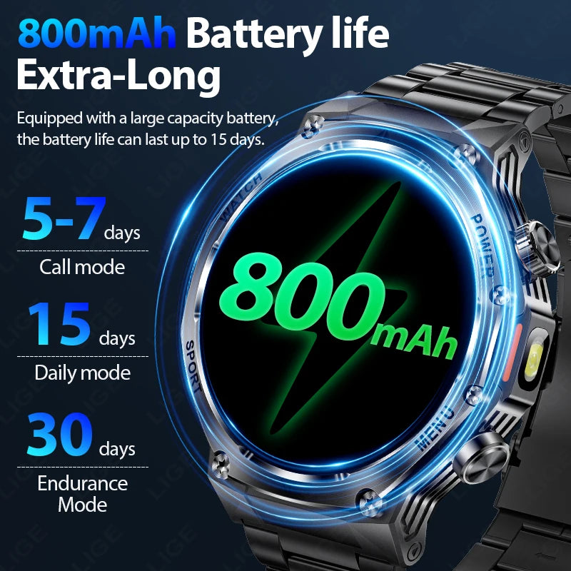 LIGE New Men Smart Watch Bluetooth Calling 800mAh Large Battery Heart Rate Blood Oxygen Health Smartwatch 2025 For Android IOS