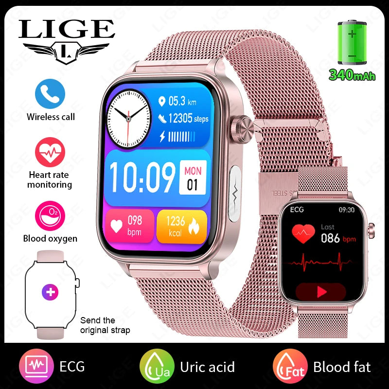 LIGE ECG+PPG Smart Watch Women Blood Lipid Uric Acid AI Diagnostic Detector Body Temperature Female Menstrual Health Tracker New