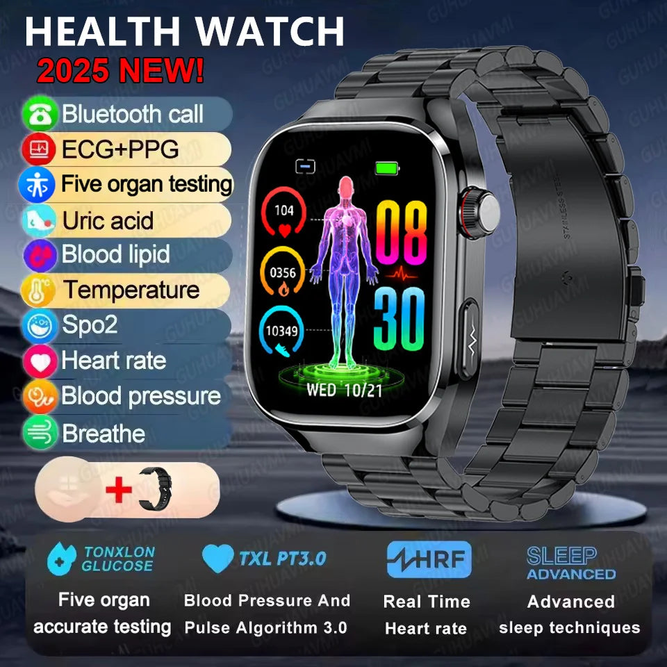 2025New Accurate Blood Fat Uric Acid Smart Watch Men Micro Physical Examination Five Organ HealthClock Bluetooth Call Smartwatch