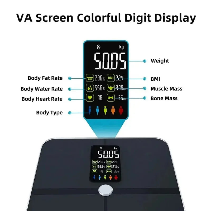 Digital Body Fat Scales, Human Body Scale, Smart TFT Color Screen, Heart Rate, Precise and Professional Smart body Weight Scale