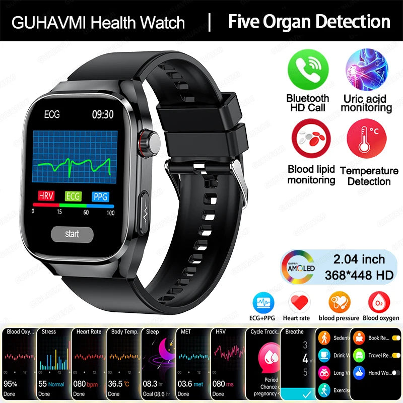 2025New Precise Blood Fat Uric Acid Smart Watch Dynamic Heart Rate Blood Pressure Health Monitor Smartwatch ECG+PPG Sports Clock