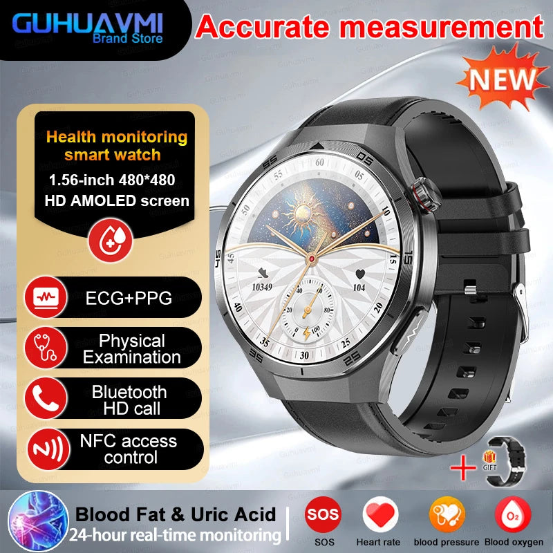 Professional Level NFC SmartWatch Blood Pressure Blood Lipid Uric Acid ECG+PPG Body Temperature Bluetooth Call Health Smartwatch