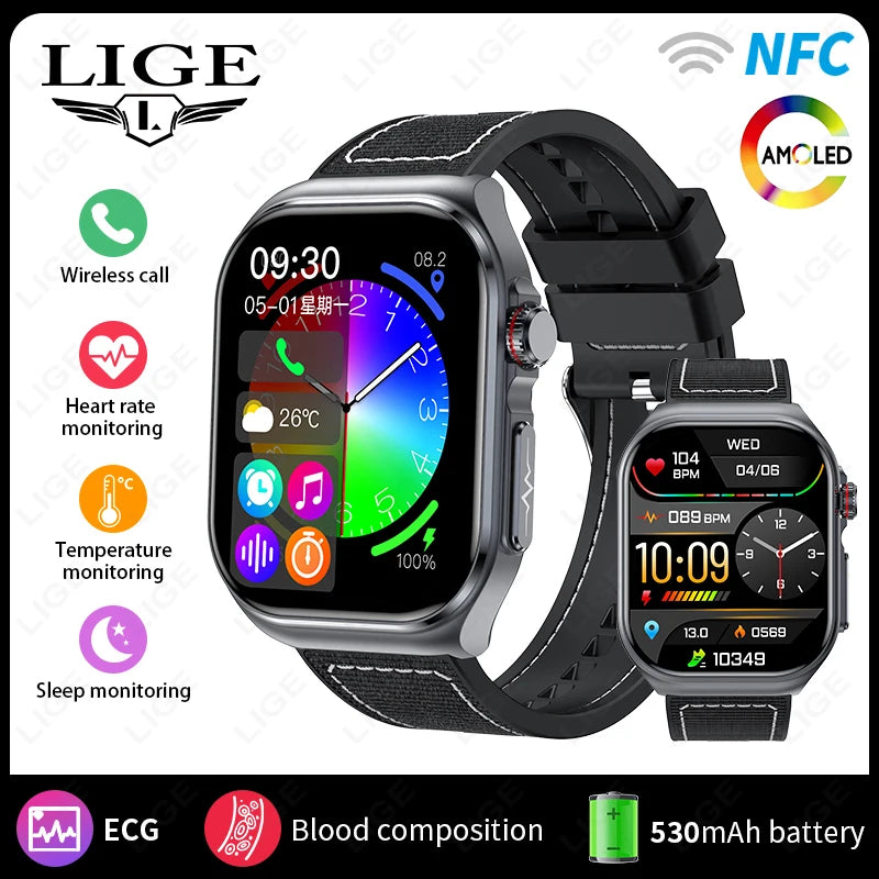 LIGE 2025 New Uric Acid Blood Lipid Body Fat Health Smartwatch Men Heart Rate Blood Pressure Monitor NFC Man Smart Watch ECG+PPG