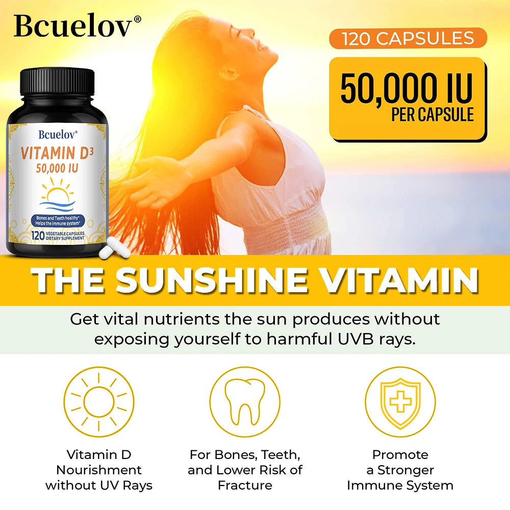 Vitamin D3 50,000 IU Supplement, Supports Strong Bones, Heart, Teeth, Muscle Health, for Men and Women, 120 Capsules