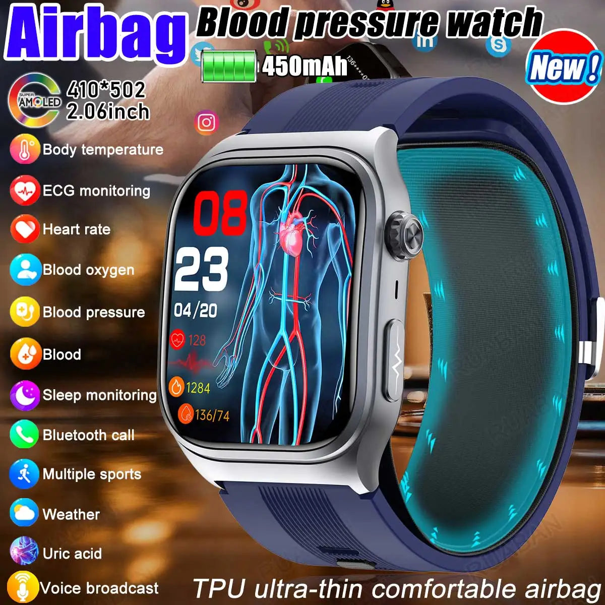 2025 Airbag Smart Watch Nursing grade Bluetooth call air Pump ECG True Accurately Blood Pressure Uric Acid Blood Lipid watch men