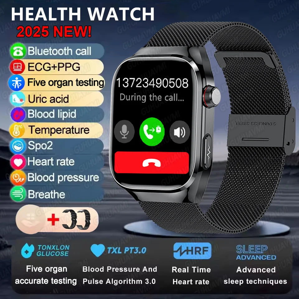 2025New Accurate Blood Fat Uric Acid Smart Watch Men Micro Physical Examination Five Organ HealthClock Bluetooth Call Smartwatch