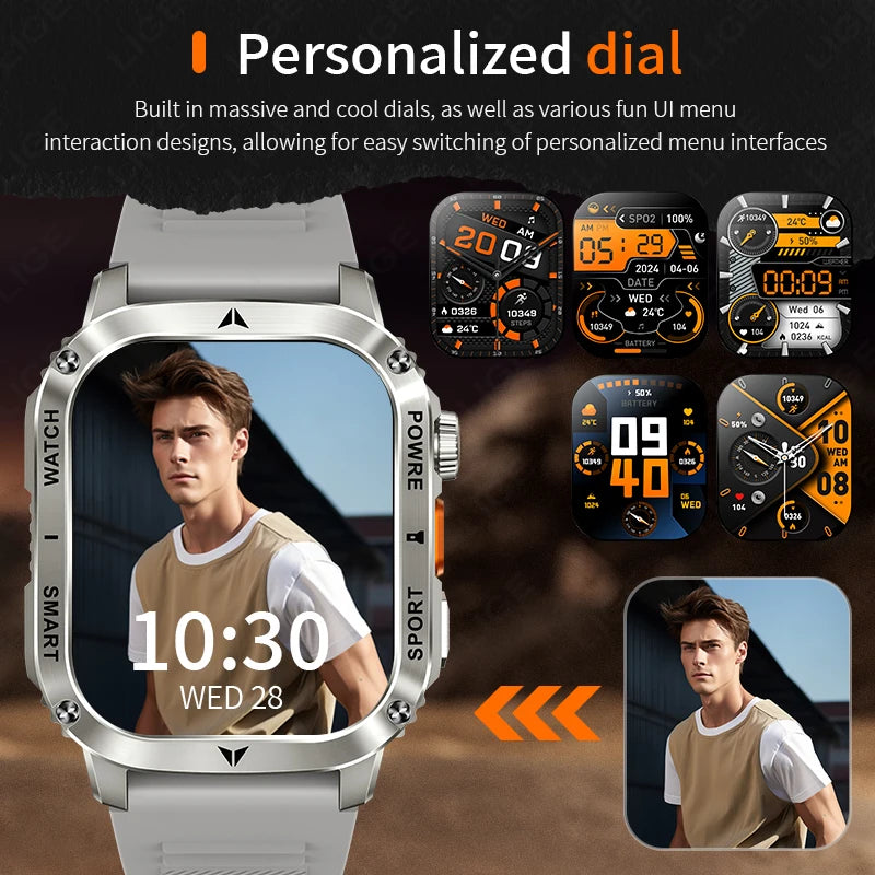 LIGE 2025 New Outdoor Flashlight Smart Watch Men 2.01” HD Screen 400mAh Bluetooth Call IP68 Waterproof Health Monitor Smartwatch