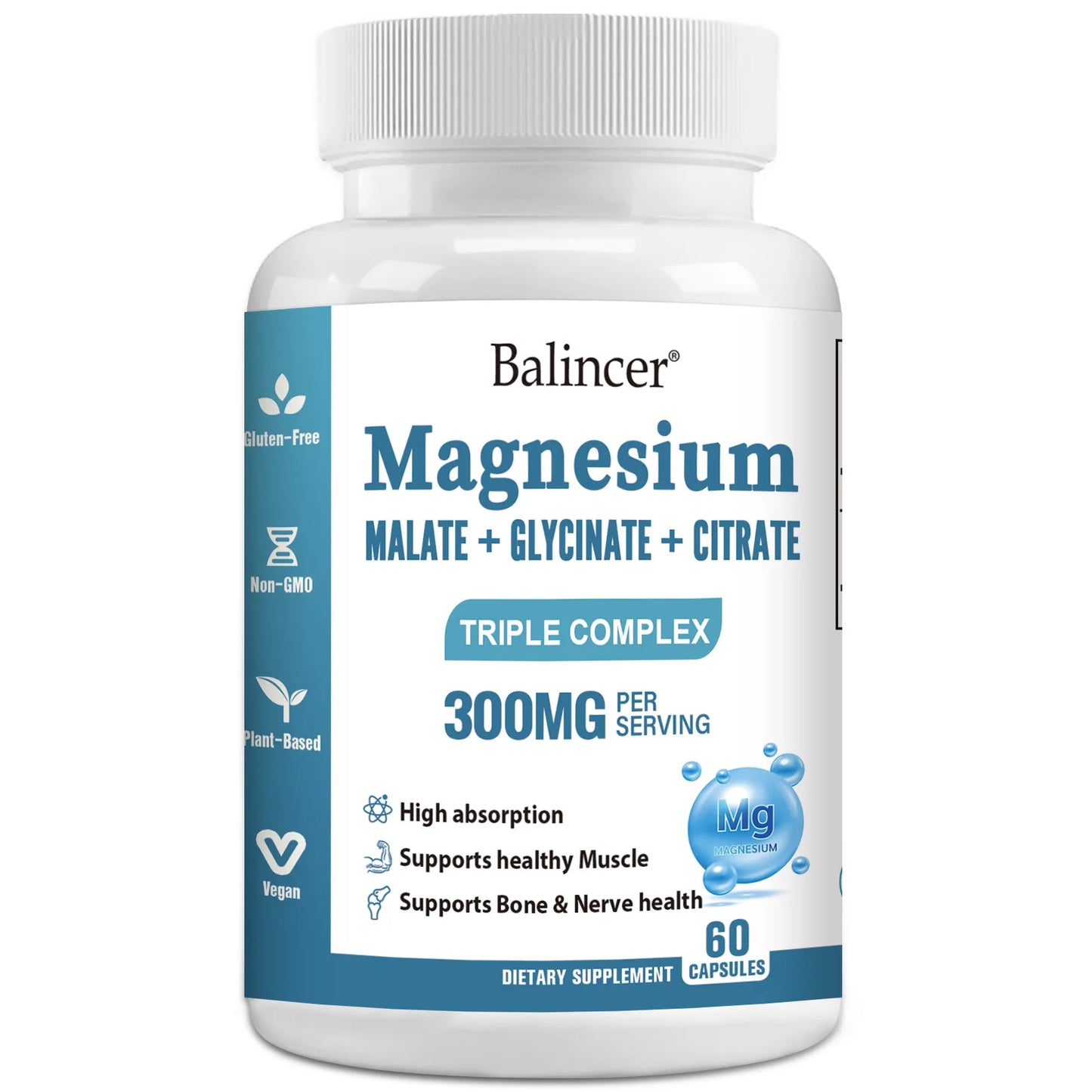 Triple Magnesium Complex 300 Mg, Support Muscle, Nerves, Energy and Heart Health, Non-GMO 60 Capsules