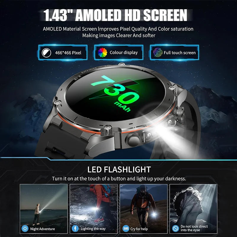 Men Outdoor Military GPS Track AMOLED HD Flashlight 730mAh Battery Compass Barometer 3ATM Waterproof Bluetooth Call Smart Watch