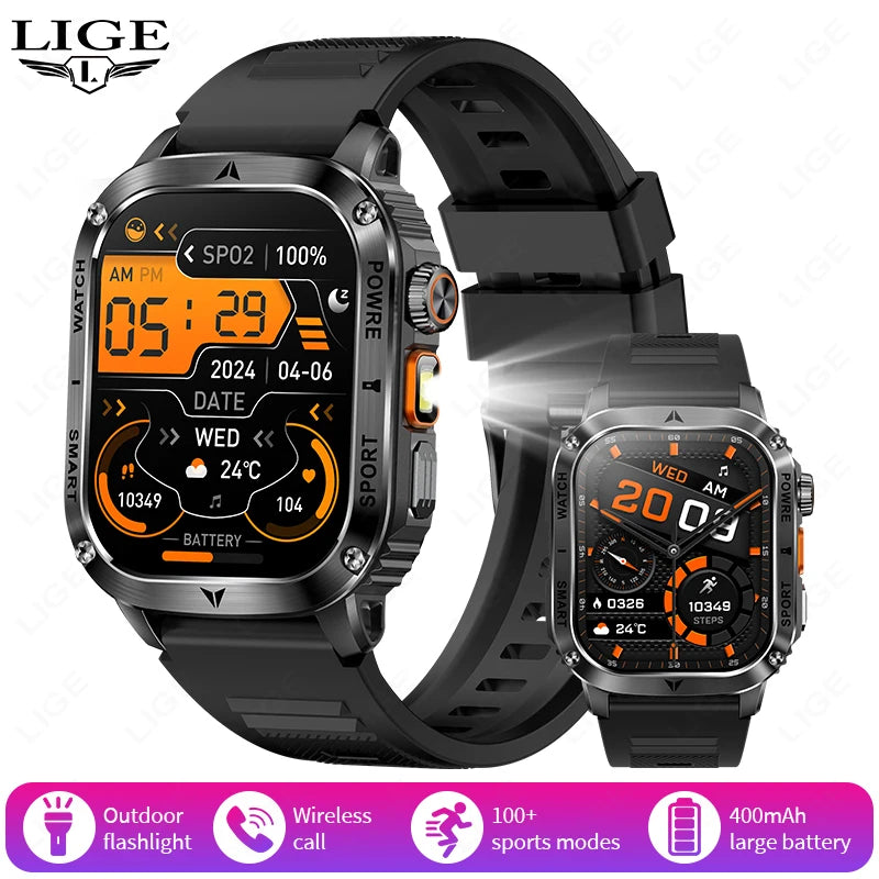 LIGE 2025 New Outdoor Flashlight Smart Watch Men 2.01” HD Screen 400mAh Bluetooth Call IP68 Waterproof Health Monitor Smartwatch