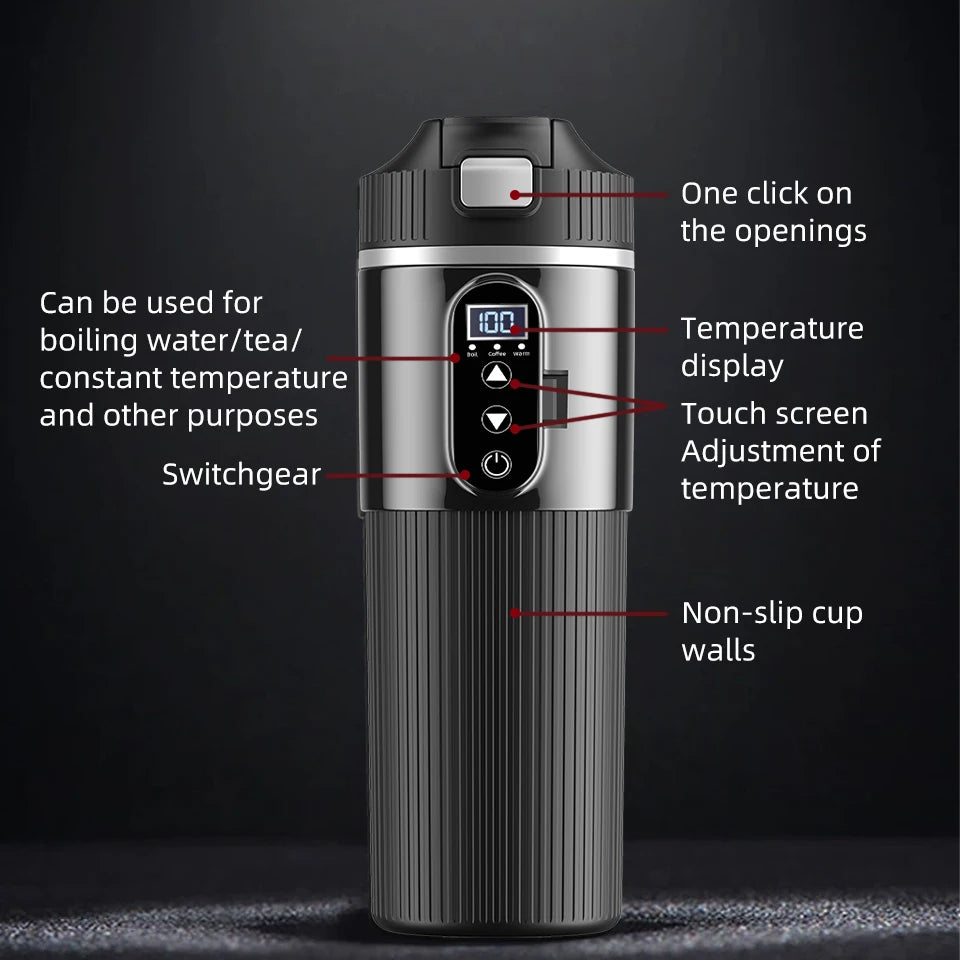 Portable 12V 24V Car Electric Heated Cup 500ml Smart Temperature Control Stainless Steel Touch Screen Insulated Thermos Cup For