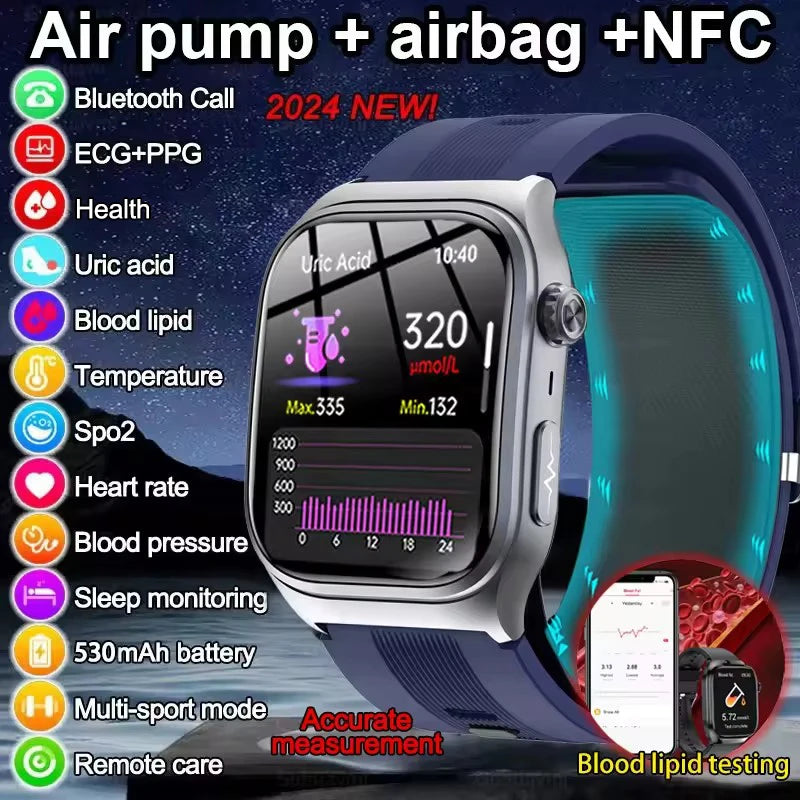 2025 New  Air Pump Airbag Accurate Measure Smart Watches Men Micro Physical Examination Blood Pressure Fitness Sport SmartWatch