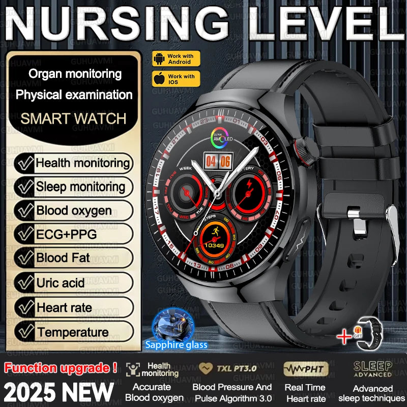 2025 New Nursing Grade Smart Watch Accurate Blood pressure Heart Rate Uric Acid ECG+PPG Bluetooth Calling Health Smart watch Men