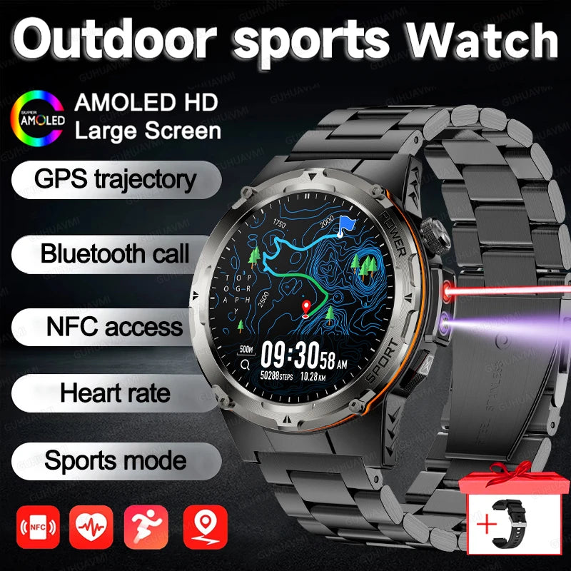 2025 New Outdoor Military Smart Watch Men GPS Trackr IP68 Waterproof 500mAH Health Monitor Bluetooth call Sports Laser Bracelet