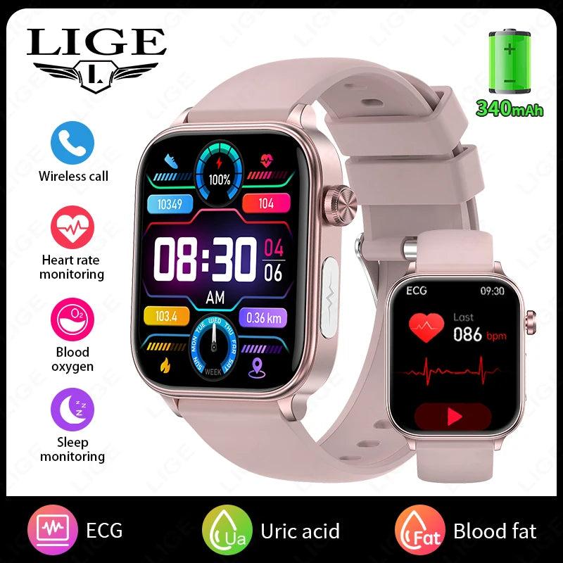 LIGE 2025 New ECG+PPG Smart Watch Men Blood Lipid Uric Acid Health Monitor Bluetooth Call Sleep Physical Health Smartwatch Women