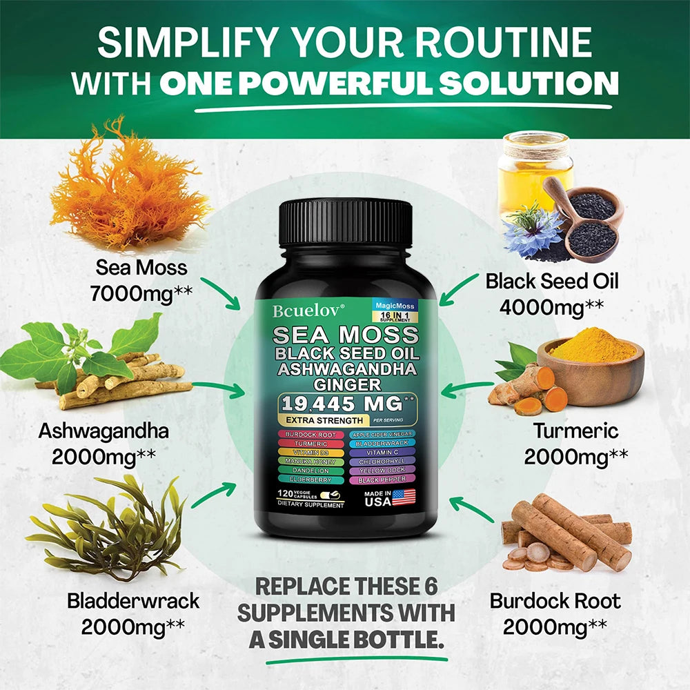 Seaweed Black Seed Oil Ashwagandha Ginger, 120 Capsules - 19.445 mg, Support Seaweed Black Seed Oil Ashwagandha Ginger Capsules