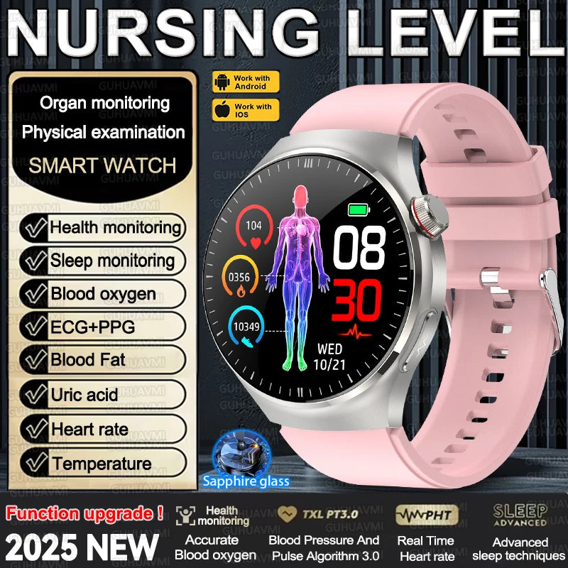 2025 New Nursing Grade Smart Watch Accurate Blood pressure Heart Rate Uric Acid ECG+PPG Bluetooth Calling Health Smart watch Men