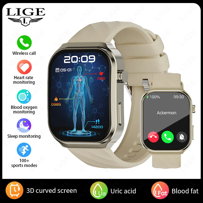LIGE ECG+PPG AI Medical Diagnosis Health Smartwatch Blood Lipids Uric Acid Smart Watch Men Waterproof Watch Women Bluetooth Call