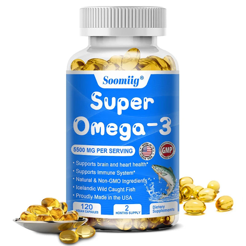 Omega-3 Fish Oil with DHA & EPA, Stress Relief, Mood Improvement, Brain & Memory, Skin & Mental Health, 120 Softgels