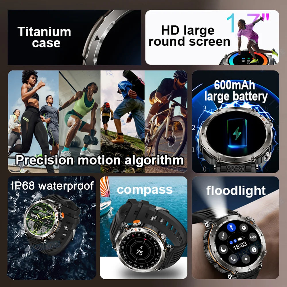 Military Outdoor Smart Watch Men 600 mAh Battery Portable Flashlight Watch 3ATM Waterproof Calling Smartwatch For Huawei Xiaomi