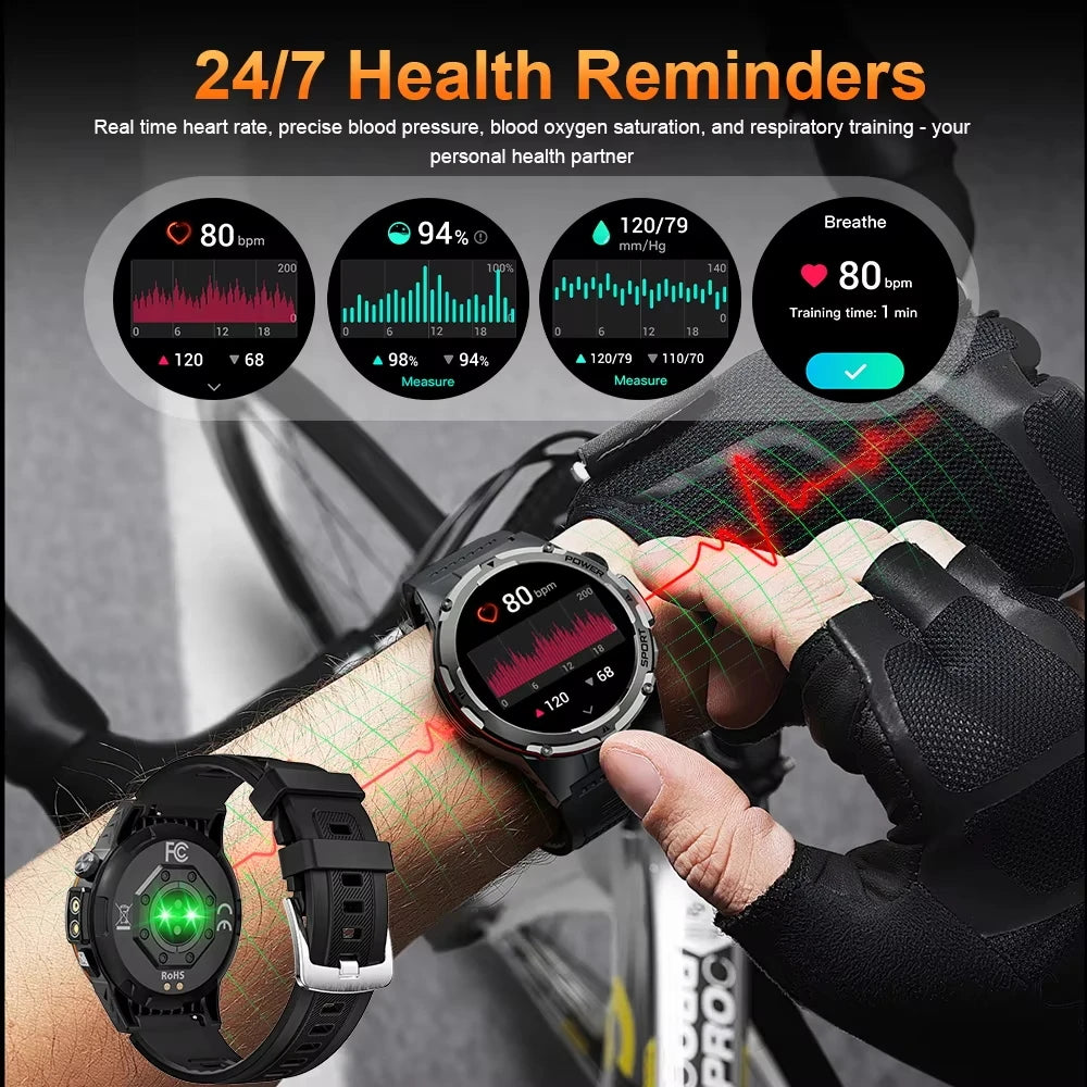2025 New Outdoor Military Smart Watch Men GPS Trackr IP68 Waterproof 500mAH Health Monitor Bluetooth call Sports Laser Bracelet