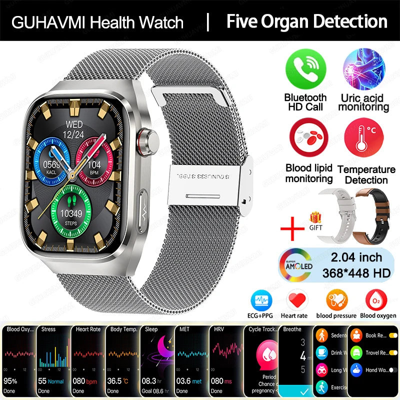 2025New Precise Blood Fat Uric Acid Smart Watch Dynamic Heart Rate Blood Pressure Health Monitor Smartwatch ECG+PPG Sports Clock