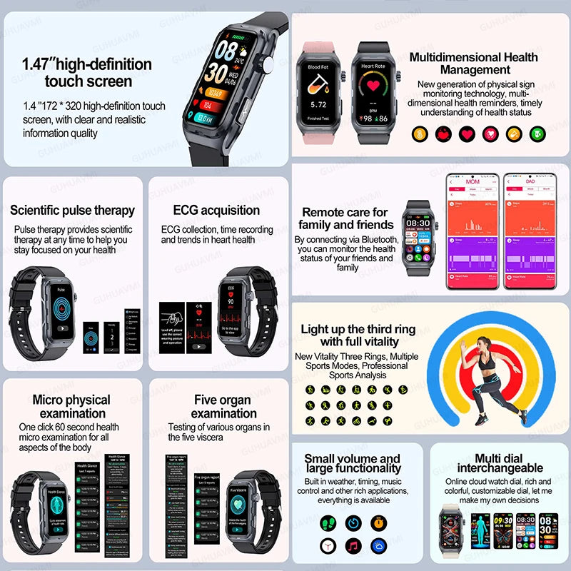 2025 For Xiaomi Nursing level Pulse therapy Health Smartwatch Men ECG+PPG Blood pressure lipid Uric acid Sports Smart Braceles