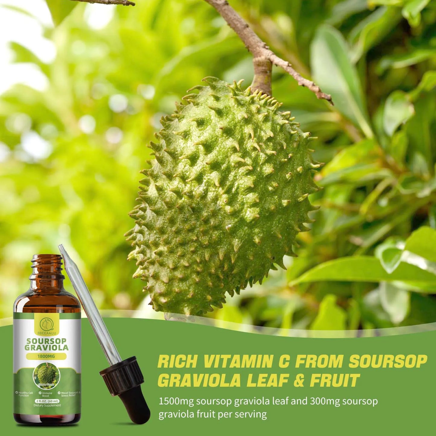 BBEEAAUU 60ml Natural Soursop Graviola Extract Drops Support Immunity and Kidney Health, Detox and Antioxidation Gluten-Free