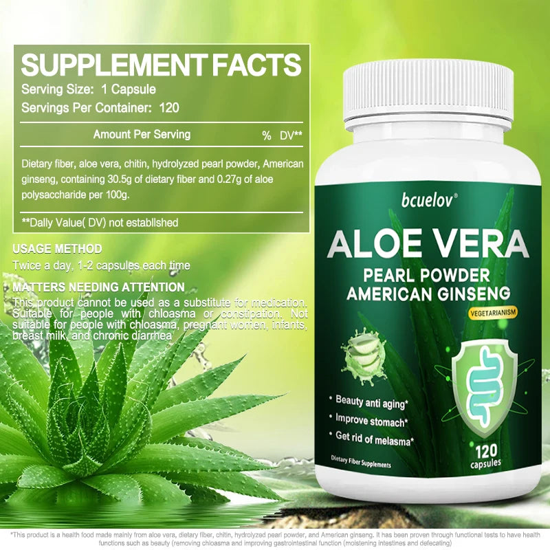 Aloe Vera Extract with Pearl Powder and American Ginseng, Supports Powerful Fat Burning, Intestinal Digestion, 120 Capsules