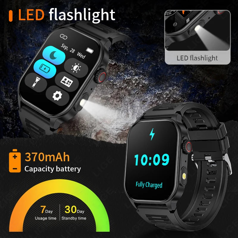 LIGE New Men Smart Watch Flashlight 2.01" HD Large Screen AI Voice Bluetooth Call Sport Watches Health Monitor Smartwatch Women