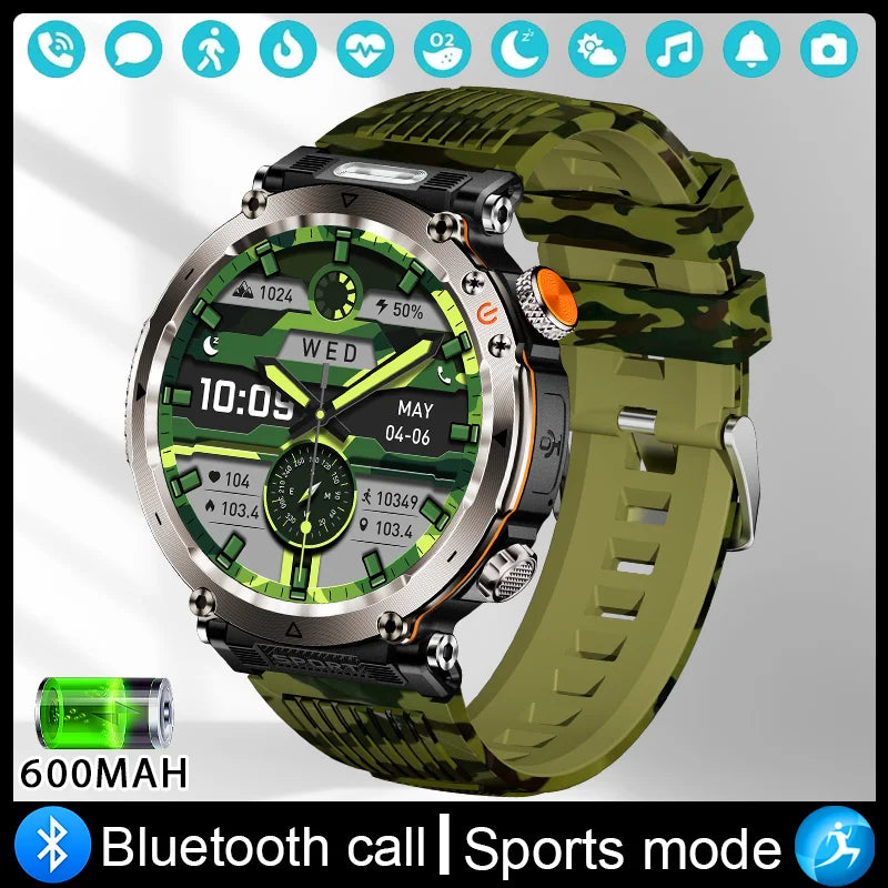 Military Outdoor Smart Watch Men 600 mAh Battery Portable Flashlight Watch 3ATM Waterproof Calling Smartwatch For Huawei Xiaomi