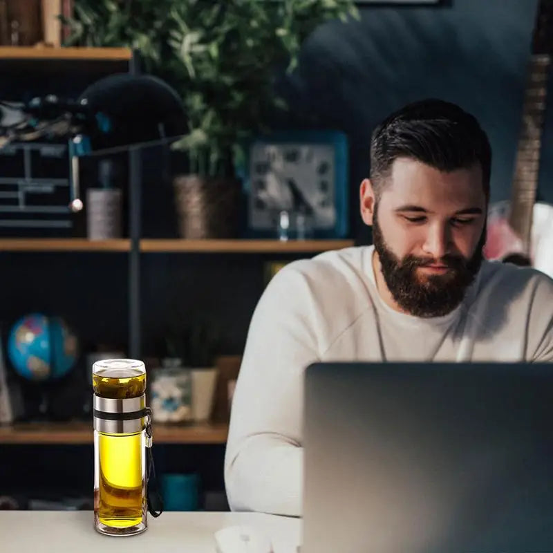 Glass Tea Infuser Bottle Leak-Proof Travel Mug Double Wall Tea Cup Portable Infuser Water Bottle, Water Separation Tea Bottle