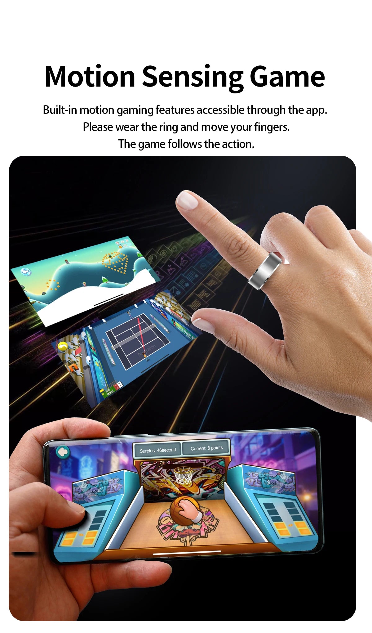 New Smart Fitness Ring with Gesture Control,Heart rate,Blood oxygen,Blood pressureSleep,Steps,Distance,Calories For Android IOS