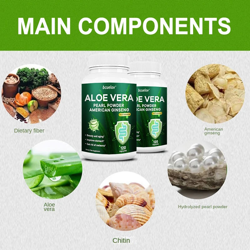 Aloe Vera Extract with Pearl Powder and American Ginseng, Supports Powerful Fat Burning, Intestinal Digestion, 120 Capsules