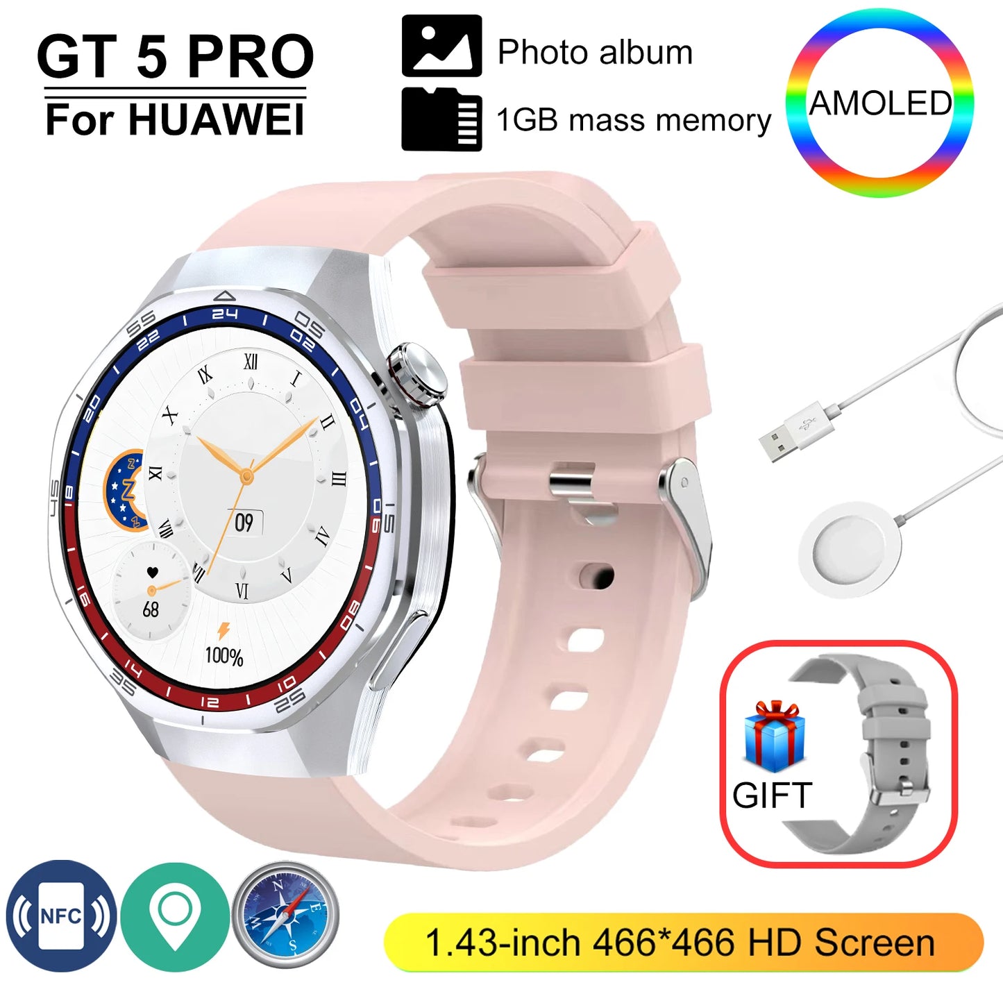 GT 5 Pro 2025 New SmartWatch Men 466*466 HD Screen 24h Blood Pressure Monitoring Men's Women NFC GPS Outdoor Sports Smartwatch