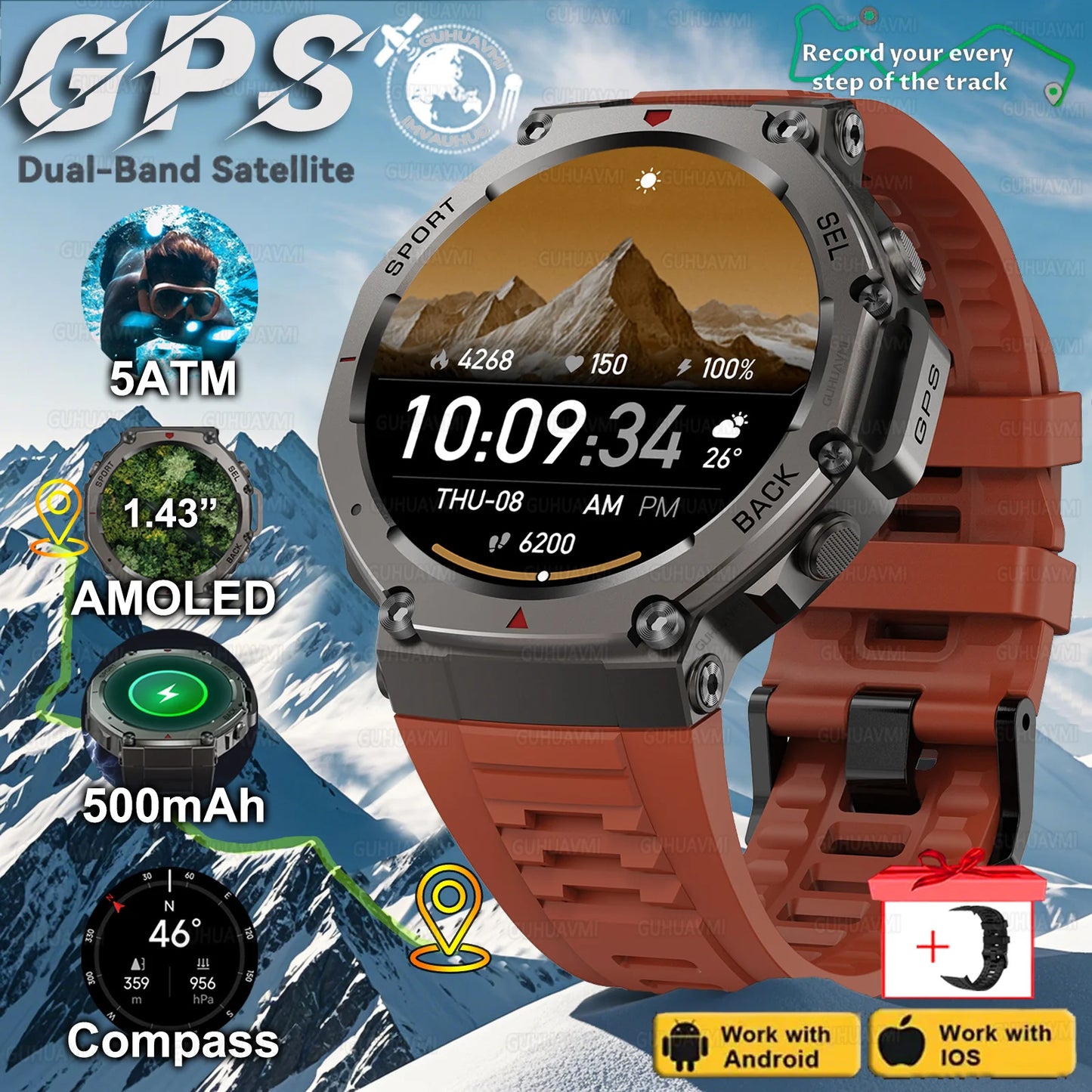 T-Rex 3 Built-in Dual-band GPS Smart Watch Men Smartwatch Compass Altimeter Barometric 5ATM IP69K Waterproof AMOLED HD Watches