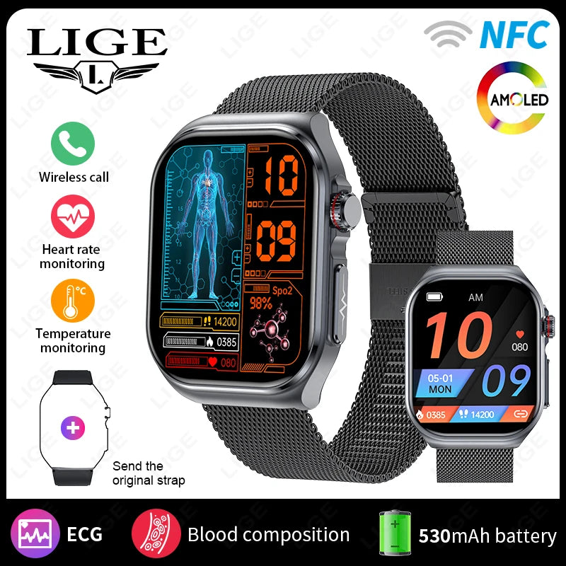 LIGE AMOLED Smart Watch ET585 Men ECG Blood Compositoin Health Monitoring Bluetooth Call Women Sports Fitness Tracker Smartwatch