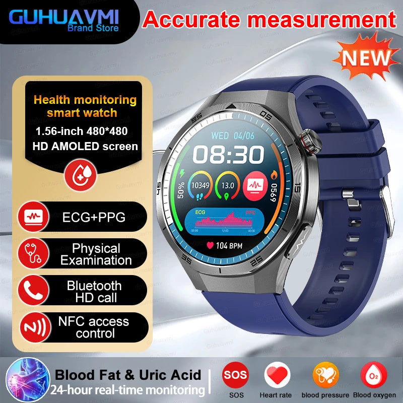 Professional Level NFC SmartWatch Blood Pressure Blood Lipid Uric Acid ECG+PPG Body Temperature Bluetooth Call Health Smartwatch