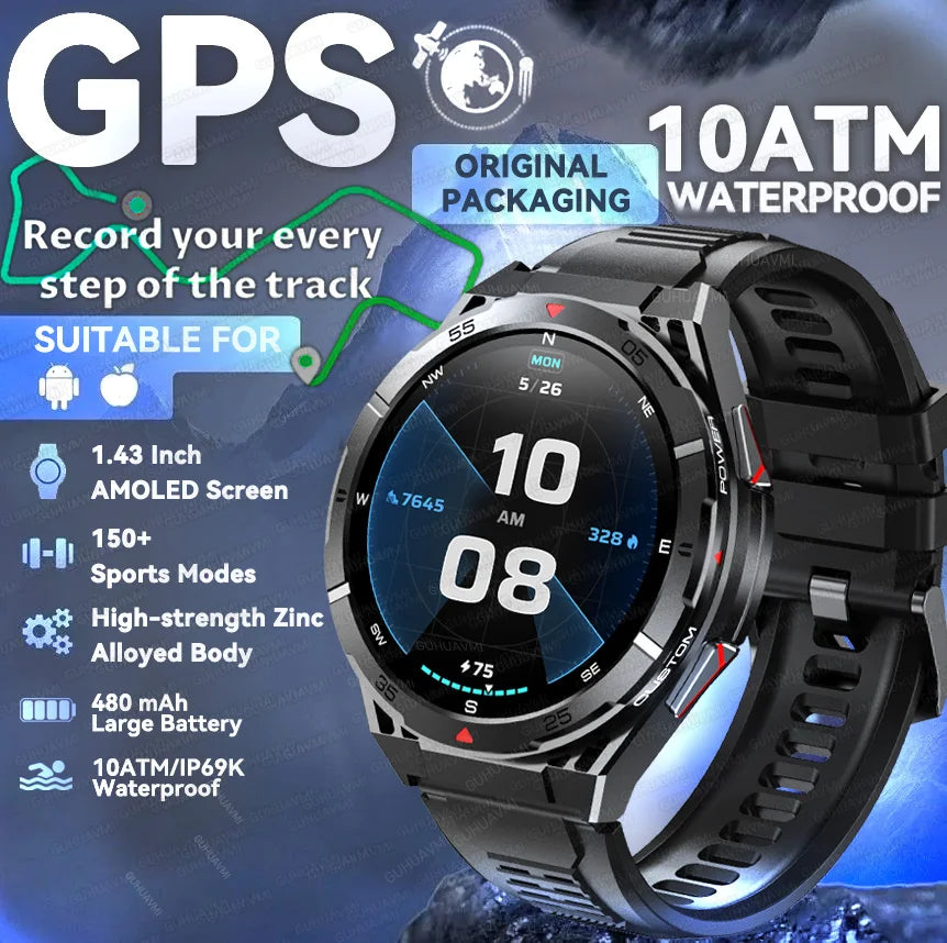 For HUAWEI GPS Sport Smart Watch Men 1.43 inch HD AMOLED Screen Compass Bluetooth Call Heart Rate Waterproof smart watch 2025New