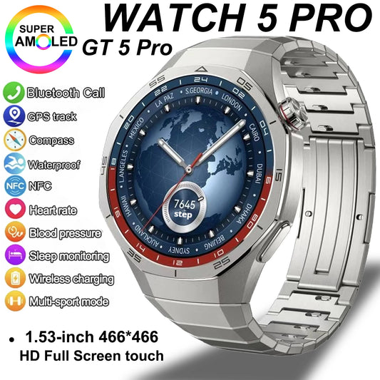 GT 5 Pro 2025 New SmartWatch Men 466*466 HD Screen 24h Blood Pressure Monitoring Men's Women NFC GPS Outdoor Sports Smartwatch