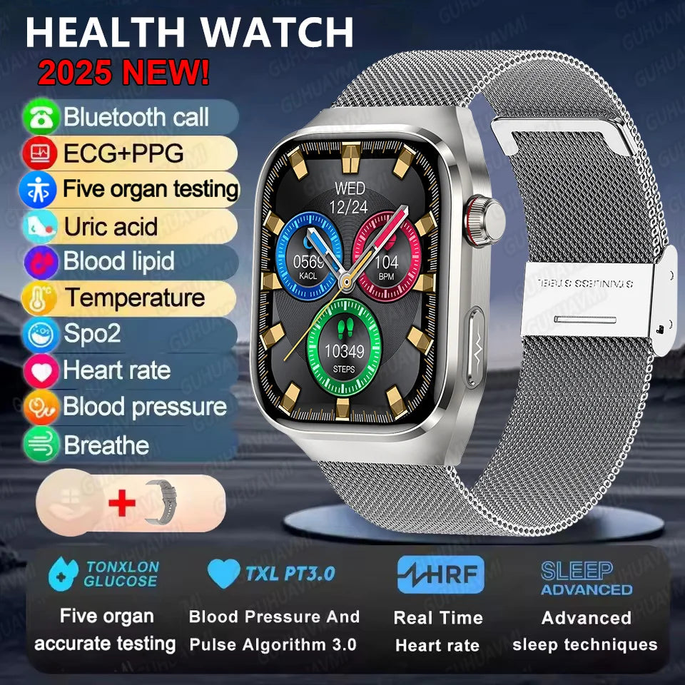 2025New Accurate Blood Fat Uric Acid Smart Watch Men Micro Physical Examination Five Organ HealthClock Bluetooth Call Smartwatch