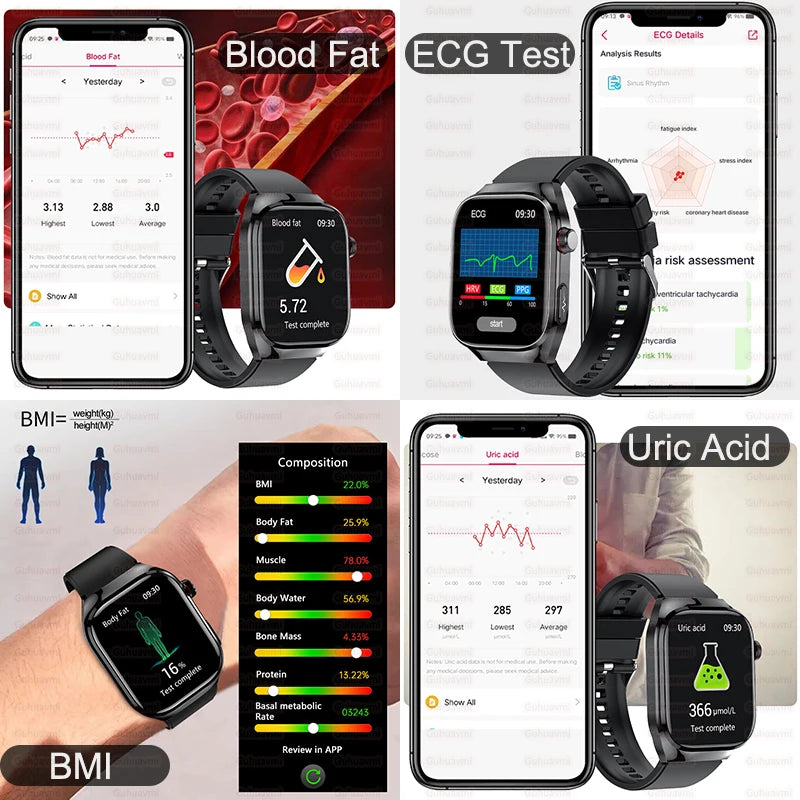 2025New Precise Blood Fat Uric Acid Smart Watch Dynamic Heart Rate Blood Pressure Health Monitor Smartwatch ECG+PPG Sports Clock