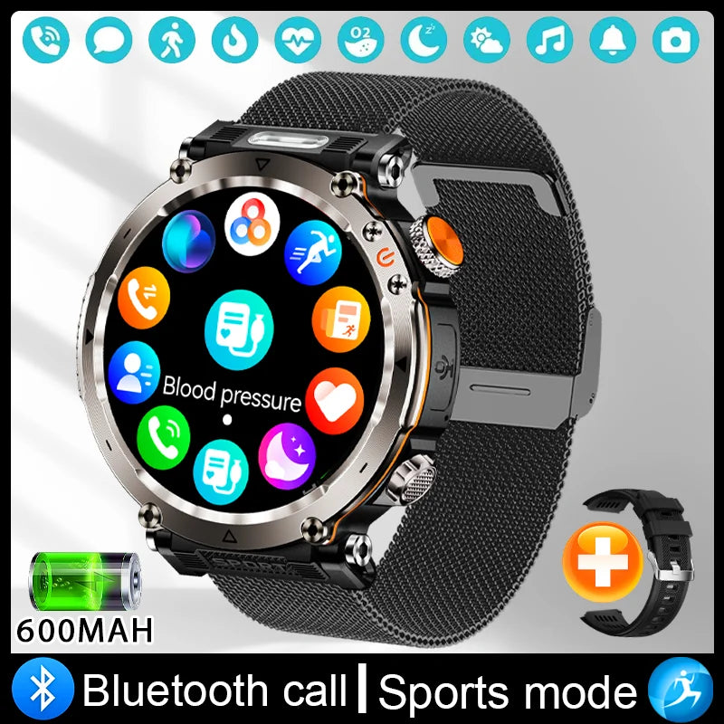 Military Outdoor Smart Watch Men 600 mAh Battery Portable Flashlight Watch 3ATM Waterproof Calling Smartwatch For Huawei Xiaomi