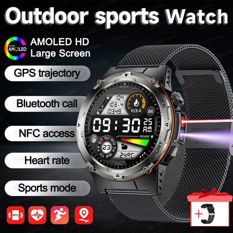 2025 New Outdoor Military Smart Watch Men GPS Trackr IP68 Waterproof 500mAH Health Monitor Bluetooth call Sports Laser Bracelet