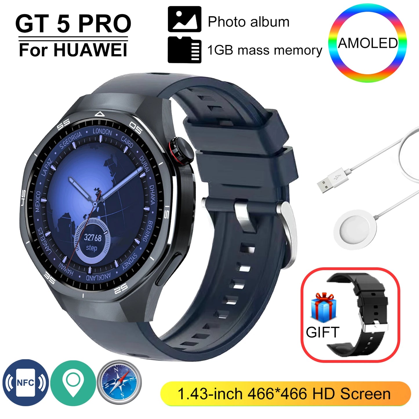 GT 5 Pro 2025 New SmartWatch Men 466*466 HD Screen 24h Blood Pressure Monitoring Men's Women NFC GPS Outdoor Sports Smartwatch