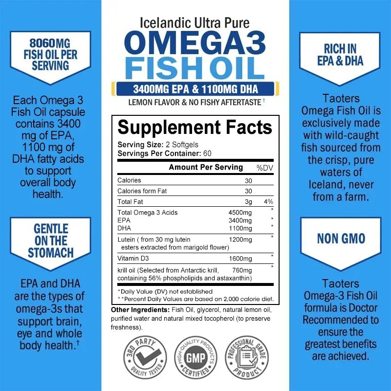 Omega-3 Fish Oil Supplement - Rich in EPA+DHA, Lutein, Supports Heart, Brain & Joint Health, Antioxidant, 120 Capsules